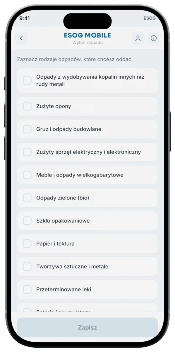 Ekran wyboru rodzajów odpadów z limitami