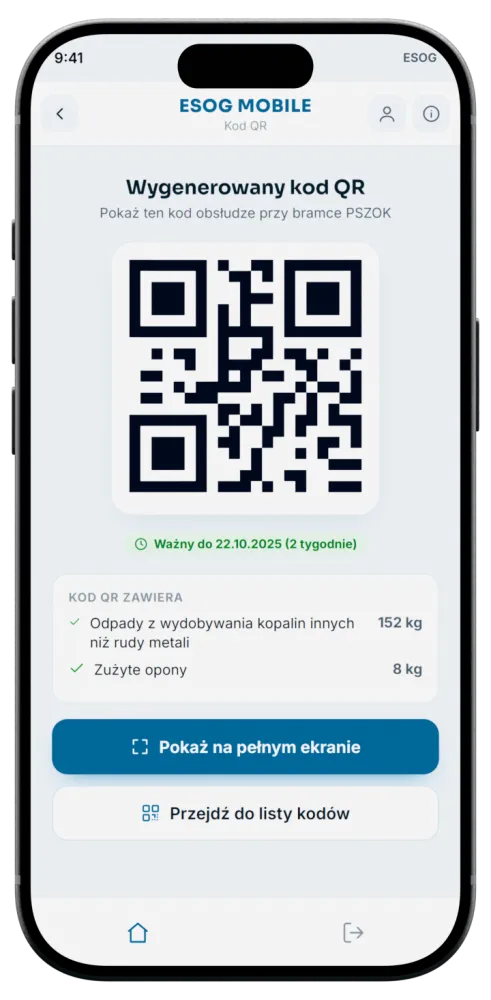 Aplikacja mieszkańca na telefonie — wygenerowany kod QR do okazania przy bramce PSZOK